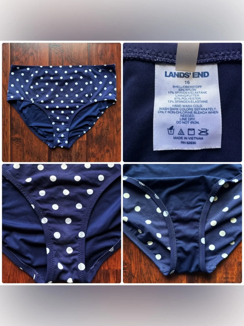 Lands‎ End 4 Pc Swim Set Women's Sz L/XL -16/18 DDD Shirt Pants Tankini Navy Dot